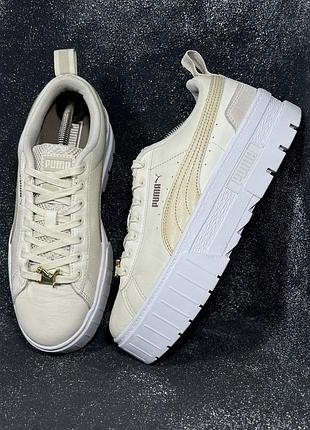 Шкіряні бежеві діночі кросівки на платформі puma mayze gum