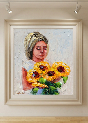 Дівчина з соняшниками, живопис, 20х20 см