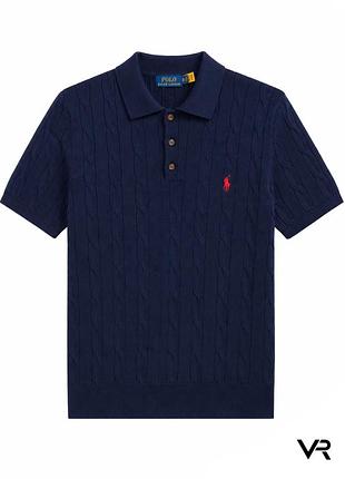 Чоловіче трикотажне поло polo ralph lauren темно-синє фактурної в'язки з коротким рукавом