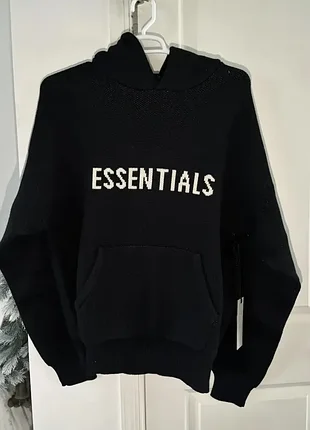 Fear of god essentials толстовка с капюшоном , черная оверсайз - m-l