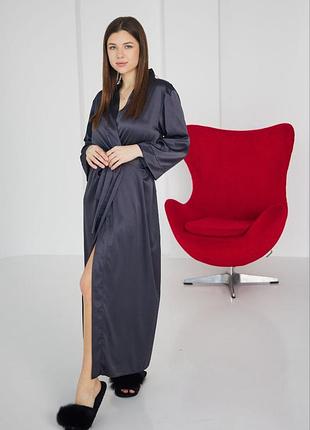 Женский длинный халат, шелк сатин графит, размер s, m, l, xl