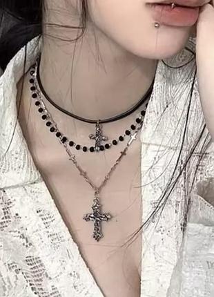 Багатошарове намисто з хрестом y2k goth grunge