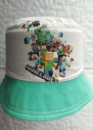 Панамка хлопковая детская летняя "minecraft" бело-зеленая с принтом