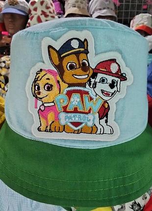 Панамка хлопковая детская летняя "paw patrol".дорожный патруль. зелено-голубая, с нашивкой