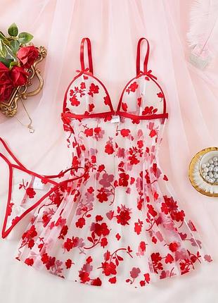 Сексуальна прозора нічна сорочка babydoll з трусиками, білизна в червоні квіти, сітка