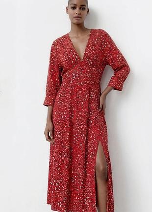 Красное платье миди zara в животный принт натуральный состав вискоза размер l/14/ 48