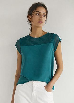 Блуза massimo dutti смарагдова з фактурною кокеткою s