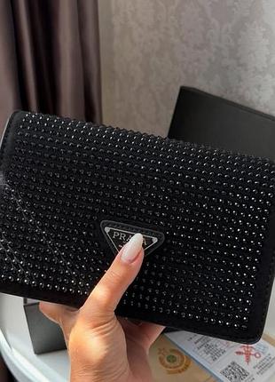 Елегантна чорна кросбоді з кристалами prada, сумка prada, вечірній клатч prada