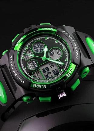 Детские спортивные часы skmei dual time водонепроницаемый черно-зеленый
