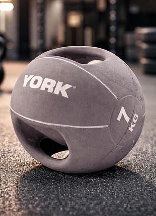 М’яч медбол york fitness 7 кг сірий з двома ручками гумовий для функціональних та силових тренувань