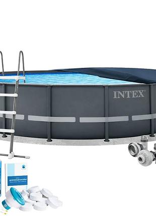 Каркасный бассейн intex 26326-6в1, 488 x 122 см (бассейн, подстилка, лестница, альгеникс, хлор таблетки, тент)