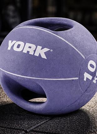 М’яч медбол york fitness 10 кг фіолетовий з двома ручками гумовий для функціональних та силових тренувань