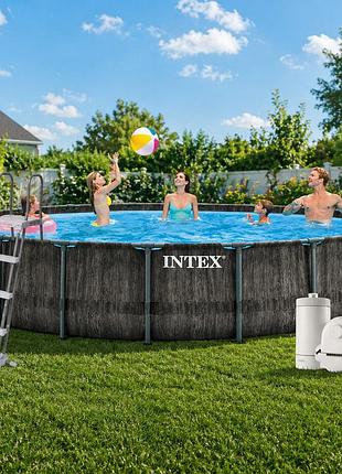 Каркасний басейн intex 26744 549 x 122 см під дерево повний комплект (насос 5678 л/год, драбина, тент, підстилка)