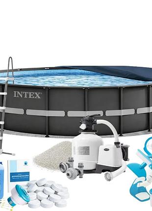 Каркасный бассейн max intex 26340-10в1, 732 x 132 см (бассейн, подстилка, лестница, фильтр 12 000 л/ч, песок, альгеникс, хлор