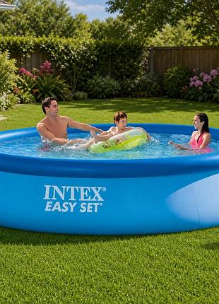 Великий круглий надувний басейн intex 28142 396×84 см 7290 л з насосом 2006 л/год круглий сімейний easy set синій