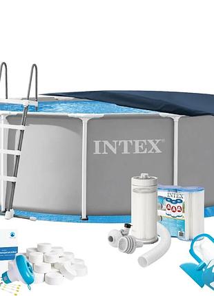 Каркасний басейн max intex 26718fr-10в1, 366 х 122 см (басейн, підстилка, драбина, фільтр 3 785 л/год, картриджі, альгенікс, хлор