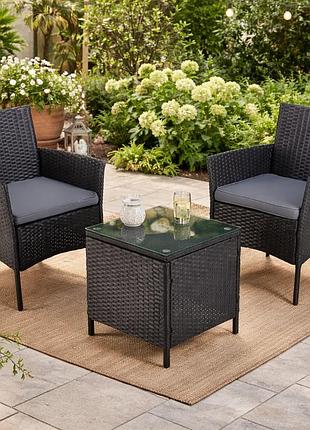 Садовая мебель outtec luxury из техноротанга стол 46×46×49см и 2 кресла с подушками закаленное стекло черно-графитовые