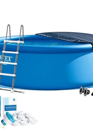 Надувной бассейн intex 26168-7в1, 457 х 122 см (бассейн, подстилка, насос, лестница, альгеникс, хлор таблетки, тент)