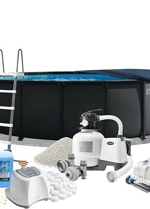 Каркасний басейн intex 26330-11в1, 549 x 132 см (басейн, підстилка, драбина, тент, фільтр 10 500 л/год, пісок, альгенікс,