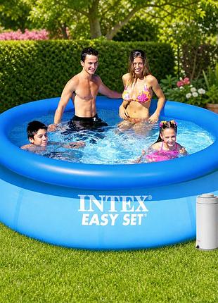 Надувной круглый бассейн intex easy set 28110-4 244 х 76 см 2419 л (2006 л/ч, подстилка, тент, насос)