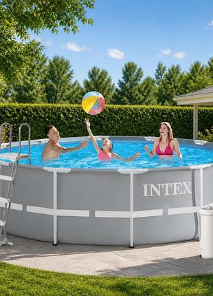 Каркасний круглий басейн intex 26718fr 366×122 см 10685 л (3785 л/год, драбина) prism frame сірий