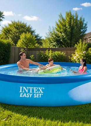 Великий надувний круглий басейн intex 28143 396×84 см 7082 л без насоса сімейний круглий easy set синій