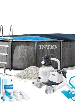Каркасный бассейн max intex 26742-10в1, 457 x 122 см (бассейн, подстилка, лестница, фильтр 7 900 л/ч, песок, альгеникс, хлор