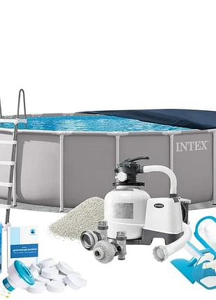 Каркасний басейн max intex 26756-10в1, 610 х 132 см (басейн, підстилка, драбина, фільтр 10 500 л/год, пісок, альгенікс, хлор