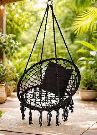 Садова гойдалка-крісло outtec boho xxl чорна макраме 100% бавовна діаметр 80 см навантаження до 150 кг