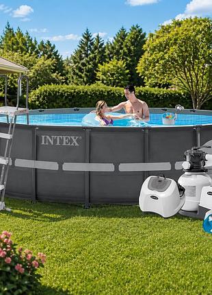 Каркасный бассейн intex 26326-11, 488 x 122 см (7 г/ч, 7 900 л/ч, лестница, тент, подстилка, набор для ухода)