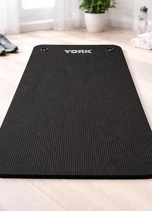 Мат для фітнесу та йоги york fitness nbr з люверсами чорний товщина 1 см 183×61 см антиковзкий з отворами для зберігання