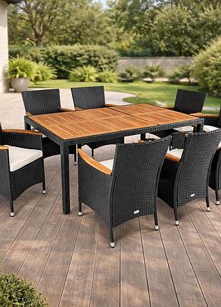 Садовая мебель di volio verona 8+1 черно-кремовые из техноротанга обеденный стол из акации 190×90 см + 8 кресел подушки 6 см