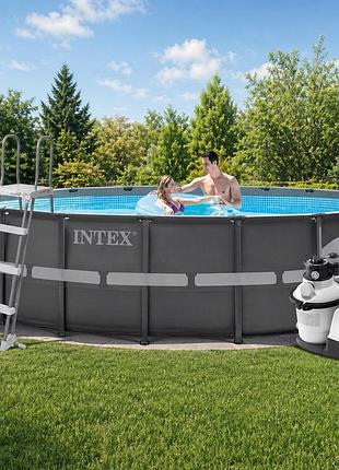 Каркасный бассейн intex 26326, 488 x 122 см полный комплект (5 700 л/ч, лестница, тент, подстилка)