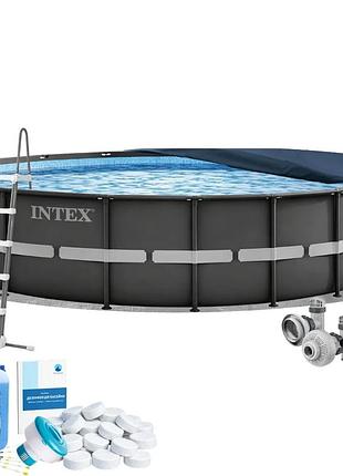 Каркасний басейн intex 26340-6в1, 732 x 132 см (басейн, підстилка, драбина, альгенікс, хлор таблетки, тент)