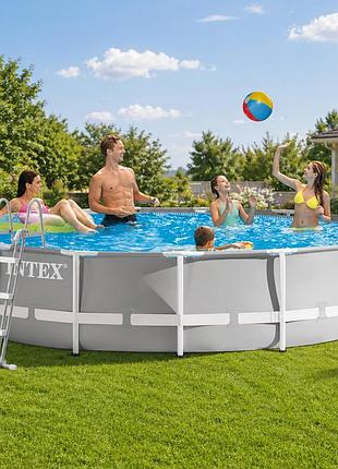 Каркасный круглый бассейн intex 26724 457 х 107 см полный комплект с фильтр-насосом (3 785 л/ч, лестница, тент, подстилка)