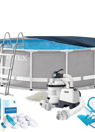 Каркасный бассейн max intex 26724-9в1 457 х 107 см (бассейн, подстилка, лестница, фильтр 5 700 л/ч, песок, альгеникс, хлор