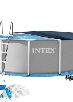 Каркасний басейн intex 26718fr-6в1, 366 х 122 см (басейн, підстилка, драбина, альгенікс, хлор таблетки, тент)