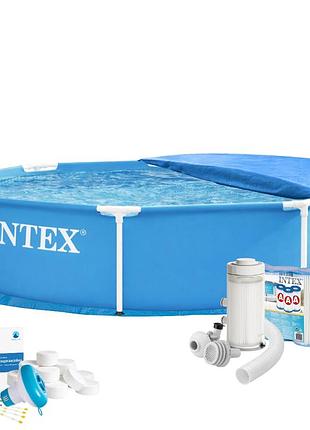 Каркасний басейн max intex 28205-7в1, 244 х 51 см (басейн, підстилка, фільтр 2 006 л/год, картриджі, альгенікс, хлор таблетки,
