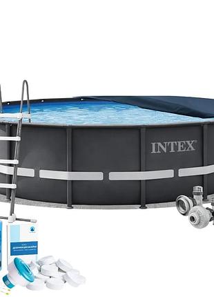 Каркасний басейн intex 26334-6, 610 х 122 см (басейн, підстилка, драбина, альгенікс, хлор таблетки, тент)