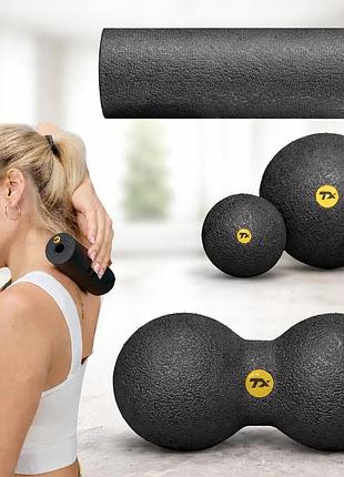 Набор массажеров 4в1 trex sport tx-025eps ролик + 3 мяча epp для мфр йоги и фитнеса цвет черный