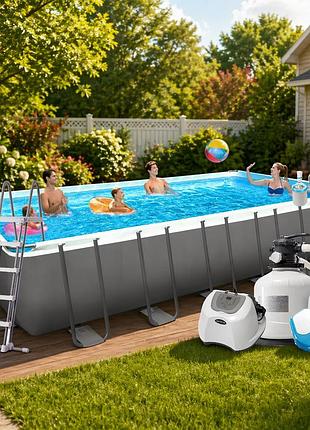 Каркасный бассейн intex 26368-16, 732х36 х132см (150мг/11 г/ч, 12 000 л/час, лестница, тент, подстилка, набор для ухода, сетка)