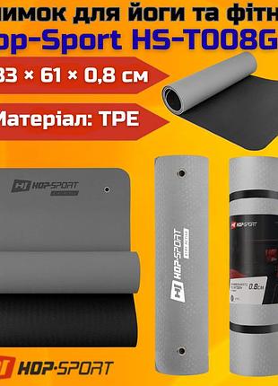 Удобный тренировочный мат коврик hop-sport tpe 0,8см hs-t008gm серый для йоги фитнеса и пилатеса нескользкий tpe мат