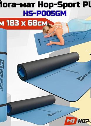 Йога-мат hop-sport pu 0,5см 183 x 68см hs-p005gm темно-синий с линиями выравнивания антискользящий с ремешком