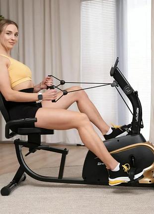 Горизонтальний магнітний велотренажер hop-sport hs-045l volt золотистий 10 рівнів навантаження спинка датчики пульсу еспандери,