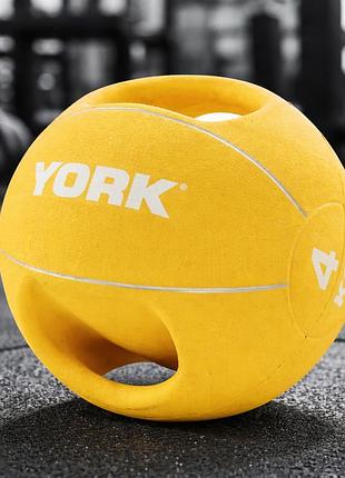 М’яч медбол york fitness 4 кг з двома ручками жовтий гумовий для функціональних і силових тренувань