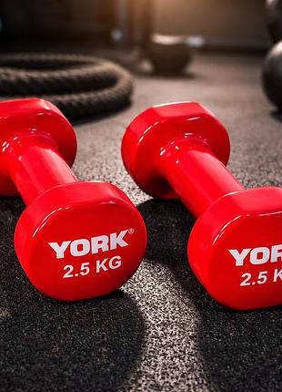 Гантели виниловые york fitness 2×2,5 кг круглые красные для фитнеса и домашних тренировок