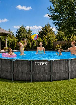 Каркасний басейн intex prism frame design 26744-0 549×122 см базовий комплект (чаша + каркас, дизайн “під дерево”)