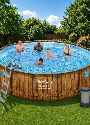 Каркасный бассейн bestway 56725 488 х 122 см (5678 л/ч, лестница, тент) 19480 л под дерево с окнами