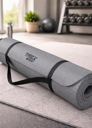 Коврик для фитнеса и йоги trex sport tx-019ngm 190×80×1см nbr толстый мат нескользящий водонепроницаемый с ремешок серый