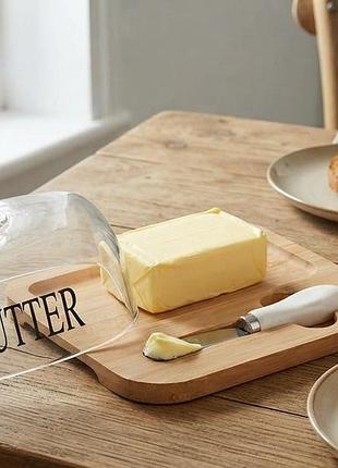 Маслянка butter зі скляною кришкою, бамбуковою підставкою та ножем 18×18×9 см